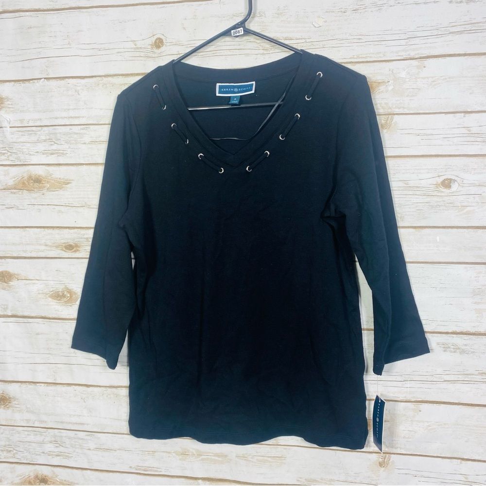 Karen Scott Women’s Black Eyelet Long Sleeve Top Size M